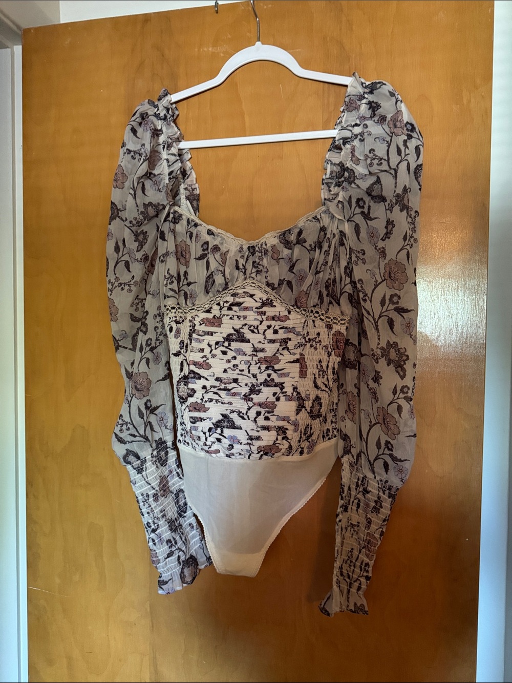 Free People Cream Floral Smocked Puff-Sleeve Bodysuit